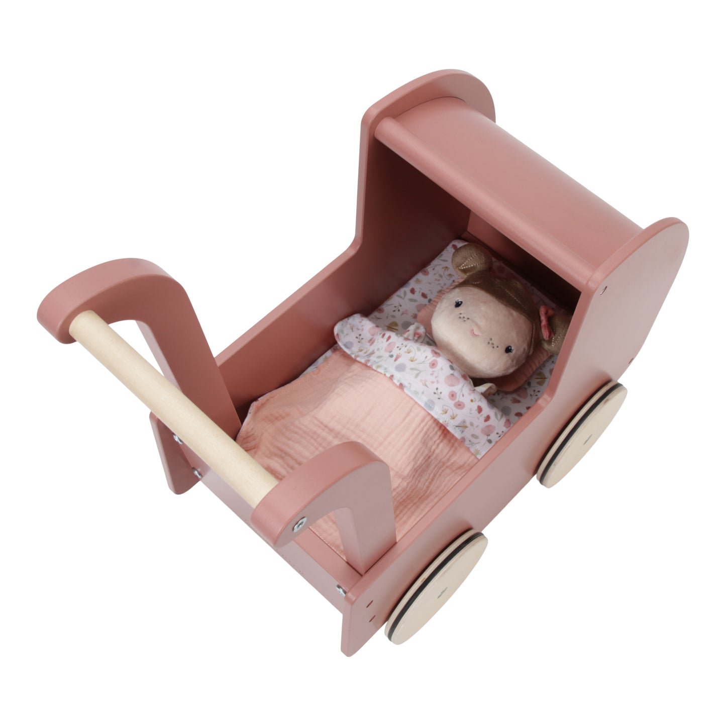 Wooden Pram With Doll and Bedding