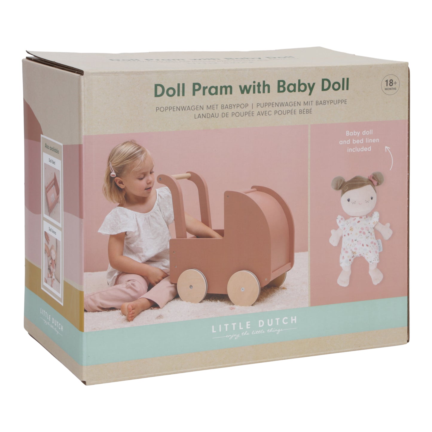 Wooden Pram With Doll and Bedding